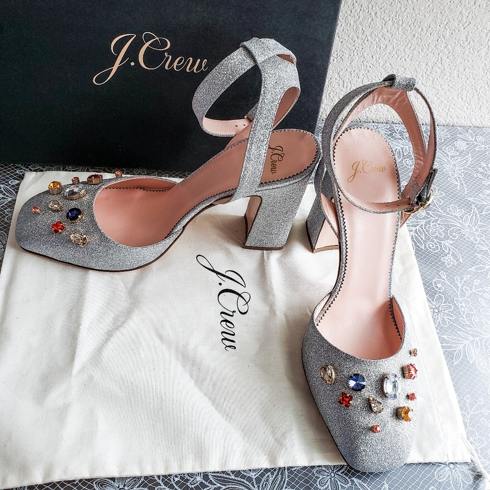 J. Crew Silver Glitter Jeweled Block Heel Sandals